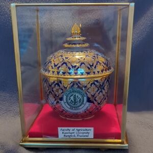 Thai Benjarong Porcelain Lidded Jar. Display Case.